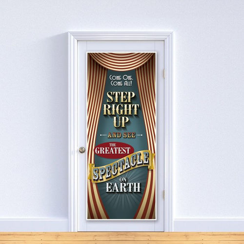 Decorative door with circus-themed poster on a white wall.