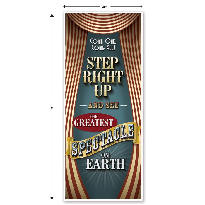 Circus-themed sign with decorative text and striped design on a white background