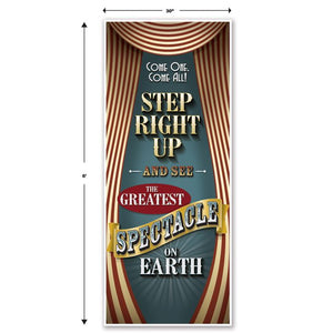 Circus-themed sign with decorative text and striped design on a white background