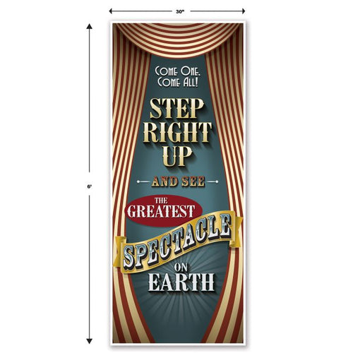Circus-themed sign with decorative text and striped design on a white background