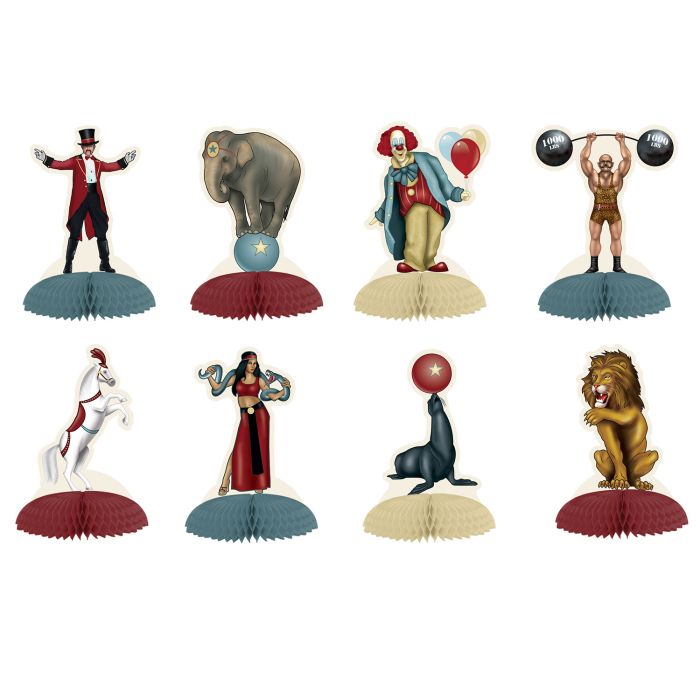 Set of circus-themed party decorations including a clown, elephant, lion, and other performers on a white background.