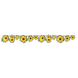 Decorative border of yellow flowers with green leaves on a white background