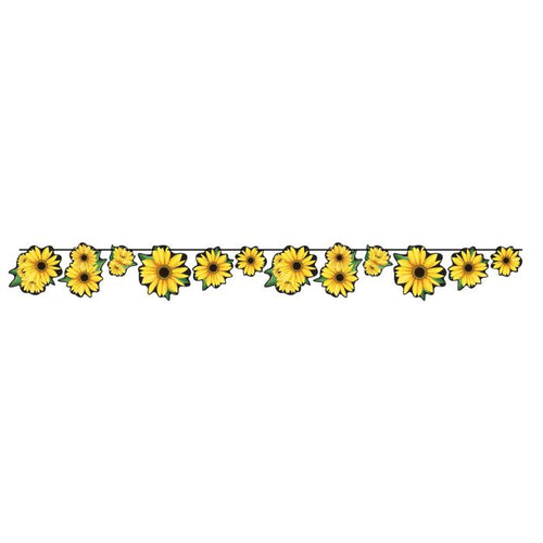 Decorative border of yellow flowers with green leaves on a white background