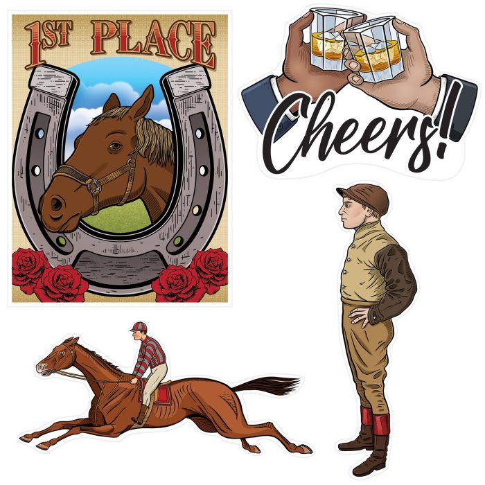 Collage of horse racing-themed images including a horse in a horseshoe, jockey, and 'Cheers!' text.