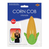 Inflatable corn cob packaging with a woman holding a smaller corn cob for scale.