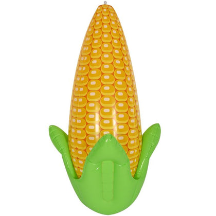 Corn-shaped inflatable pool float with green base on a white background
