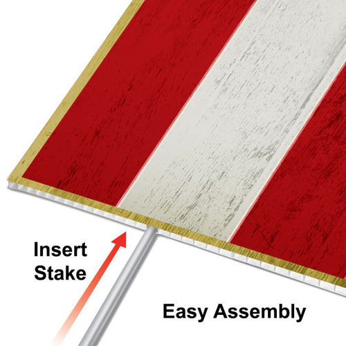 Wooden panel with red and white stripes and a stake insertion point, labeled 'Easy Assembly'.