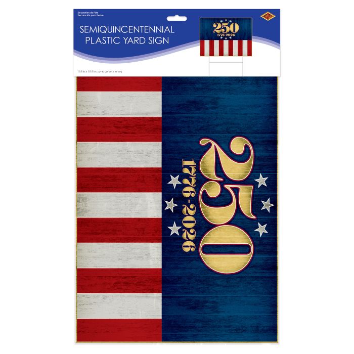 Semiquincenntennial plastic yard sign with American flag design on packaging