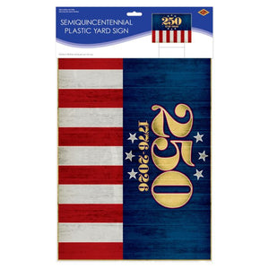 Semiquincenntennial plastic yard sign with American flag design on packaging