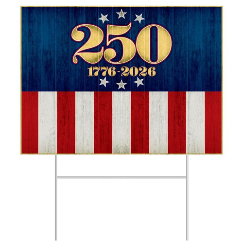 Decorative sign with '250 1776-2026' on a blue, red, and white striped background.