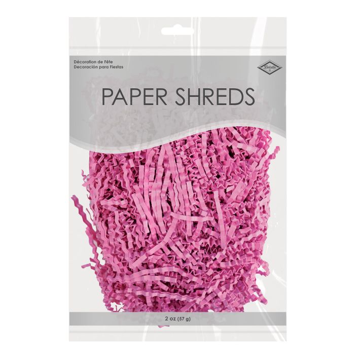Pink paper shreds in a clear package with visible brand name.
