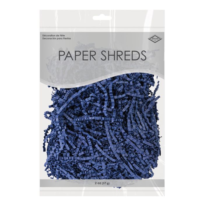 Packaged blue paper shreds with a clear label on a white background
