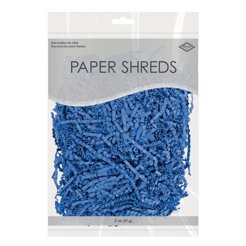 Packaged blue paper shreds with clear plastic wrapping on a white background