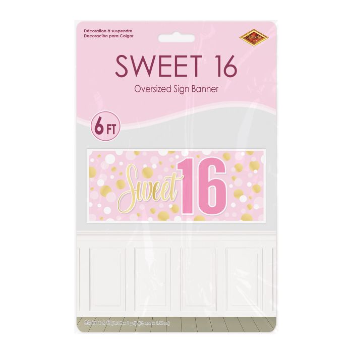Sweet 16 oversized sign banner packaging with pink and gold design.