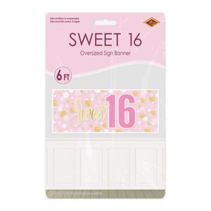 Sweet 16 oversized sign banner packaging with pink and gold design.