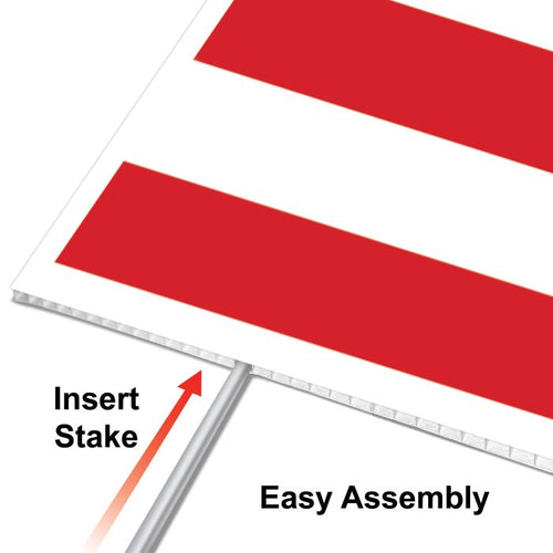 Red and white striped panel with stake insertion instruction on a white background
