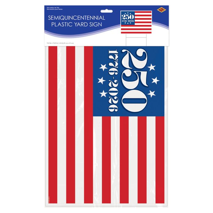 Semiquincentennial plastic yard sign with American flag design on packaging