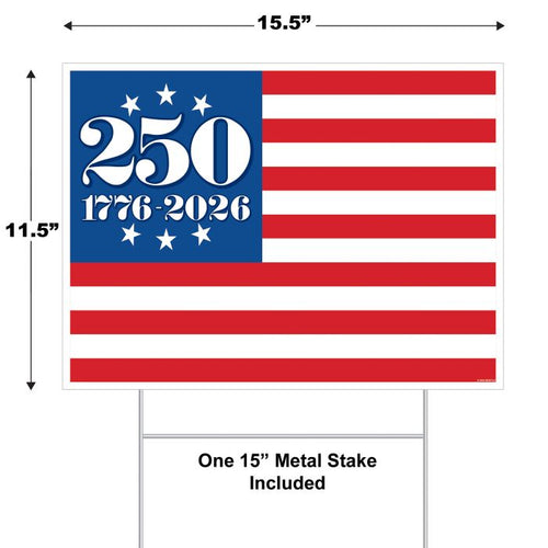 American flag with '250 1776-2026' text and dimensions on a white background