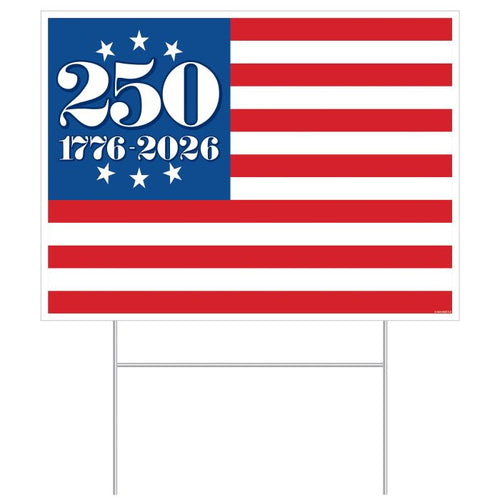 American flag with '250 1776-2026' text on a white background
