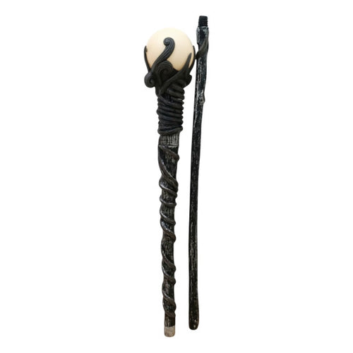 A decorative black staff or wand with a twisted dark handle, a smooth off-white spherical top, and a separate matching black rod shown beside it, isolated on a white background.