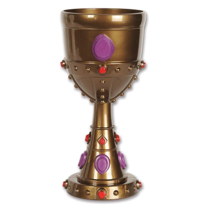 Decorative brass goblet with colorful gemstones on a white background