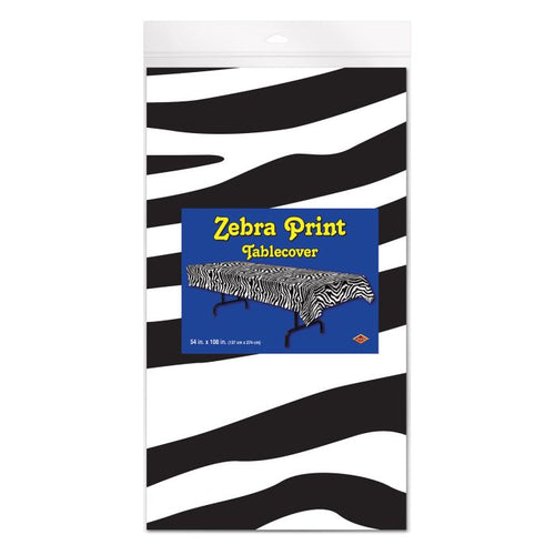 Zebra print tablecover packaging with black and white stripes on a white background