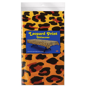 Leopard print tablecover packaging with a yellow and orange background