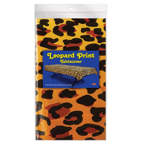 Leopard print tablecover packaging with a yellow and orange background