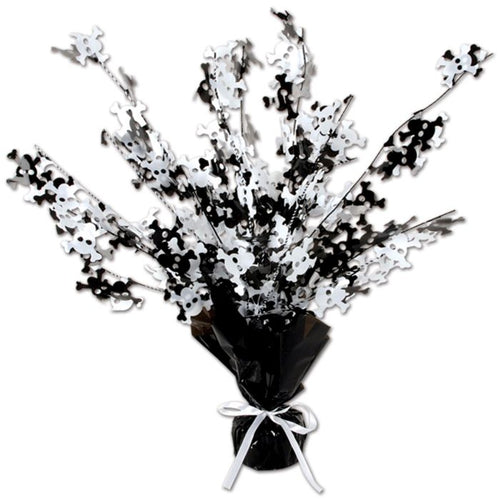 Decorative black and white floral arrangement with a white bow on a white background