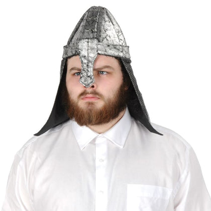 Man wearing a silver and black conical hat on a white background