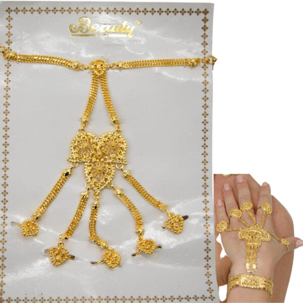 Gold bracelet set on a branded packaging with a close-up of hands wearing the bracelet.