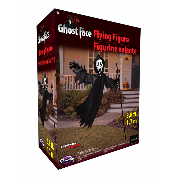 Box packaging for the Ghost Face Flying Figure Halloween yard decoration, showing the product name, a large photo of the flying grim reaper figure, dimensions, and the Aftershocks brand logo.