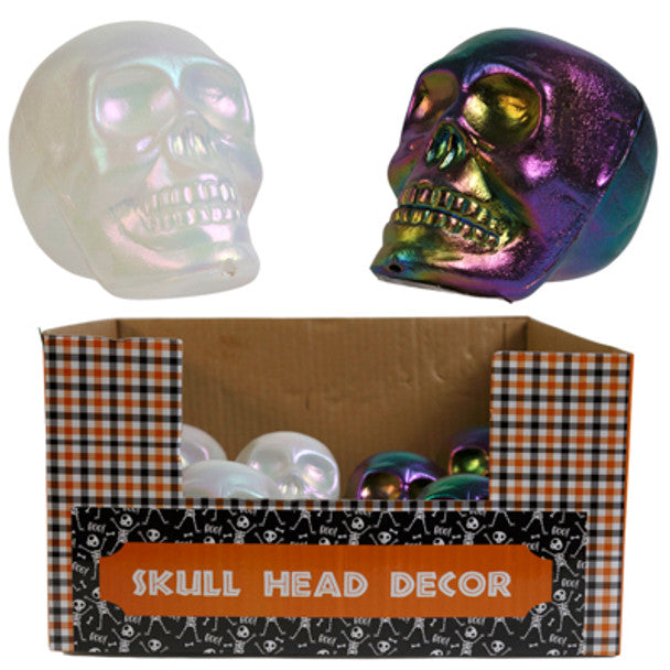 SKULL HEAD PLASTIC 4IN DECOR METALLIC/ WHITE SHIMMER