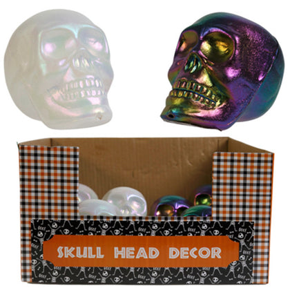SKULL HEAD PLASTIC 4IN DECOR METALLIC/ WHITE SHIMMER