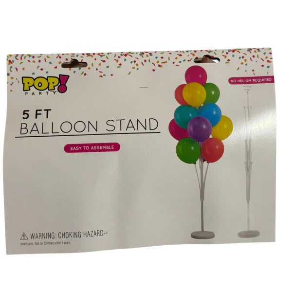 Package of a 5 ft balloon stand with colorful balloons on a white background