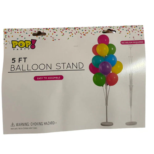 Package of a 5 ft balloon stand with colorful balloons on a white background