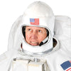 Person wearing an astronaut suit with a visible American flag on the helmet.