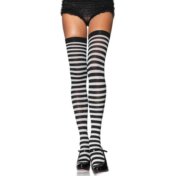 Striped Nylon Thigh Highs White