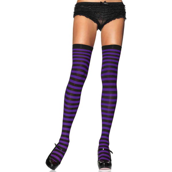Striped Nylon Thigh Highs Purple