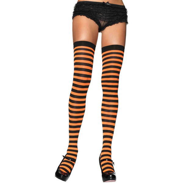 Striped Nylon Thigh Highs Orange