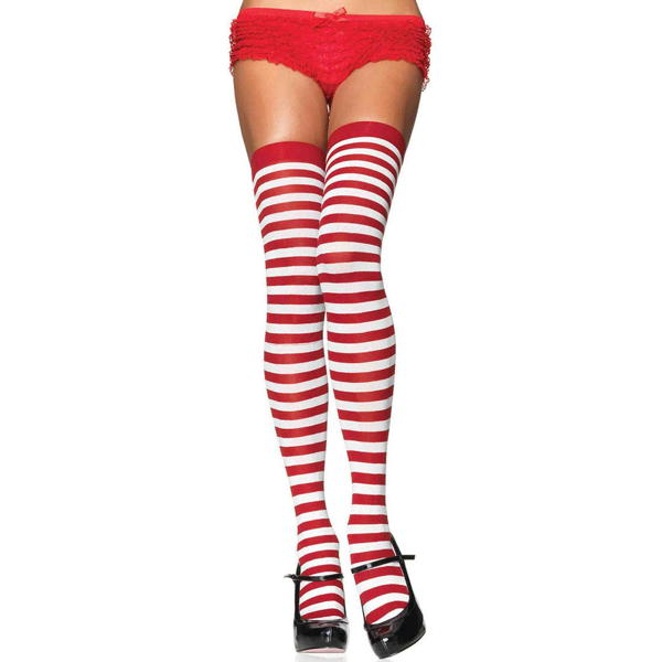 Striped Nylon Thigh Highs Red