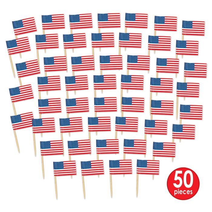 50 small American flags on sticks with a red circle and number 50 on a white background