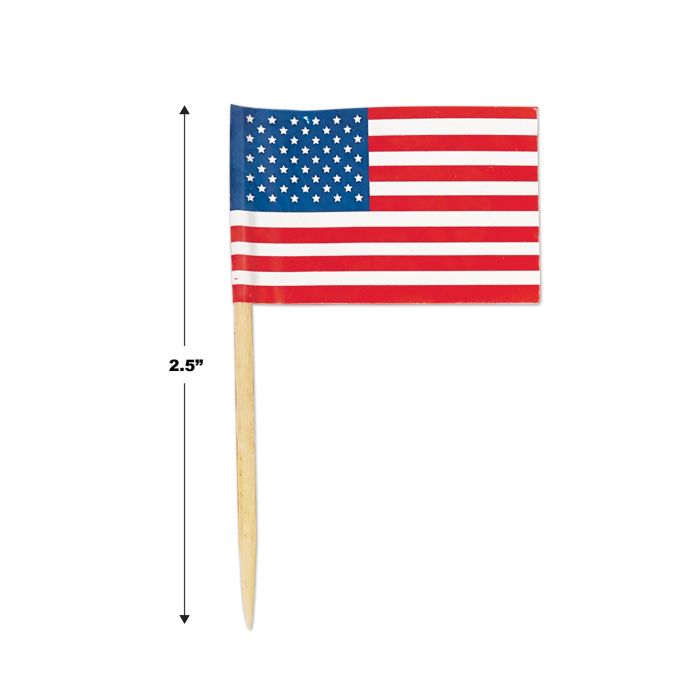 American flag on a toothpick with a measurement label indicating 2.5 inches.
