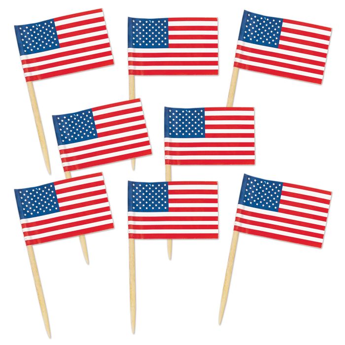Set of small American flags on toothpicks against a white background