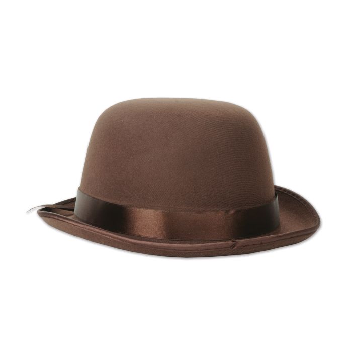Brown bowler hat with a black band on a white background