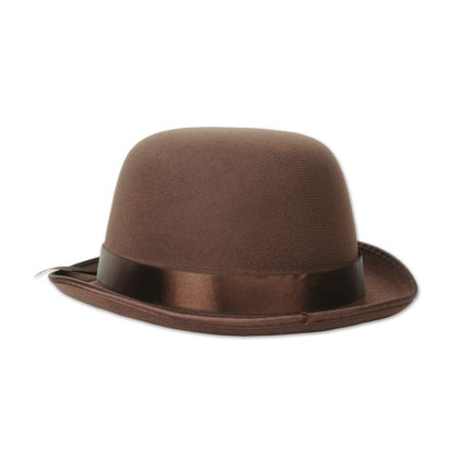 Brown bowler hat with a black band on a white background