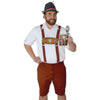 Man wearing a traditional Bavarian outfit with a white shirt, brown suspenders, and red shorts, holding a beer stein.