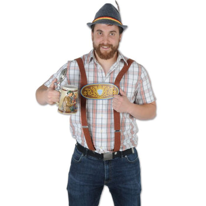 Man in traditional Bavarian outfit holding a beer stein on a white background