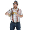 Man in traditional Bavarian outfit holding a beer stein on a white background