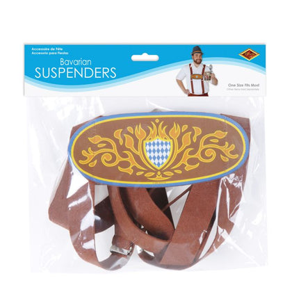 Packaged Bavarian suspenders with decorative emblem on a white background